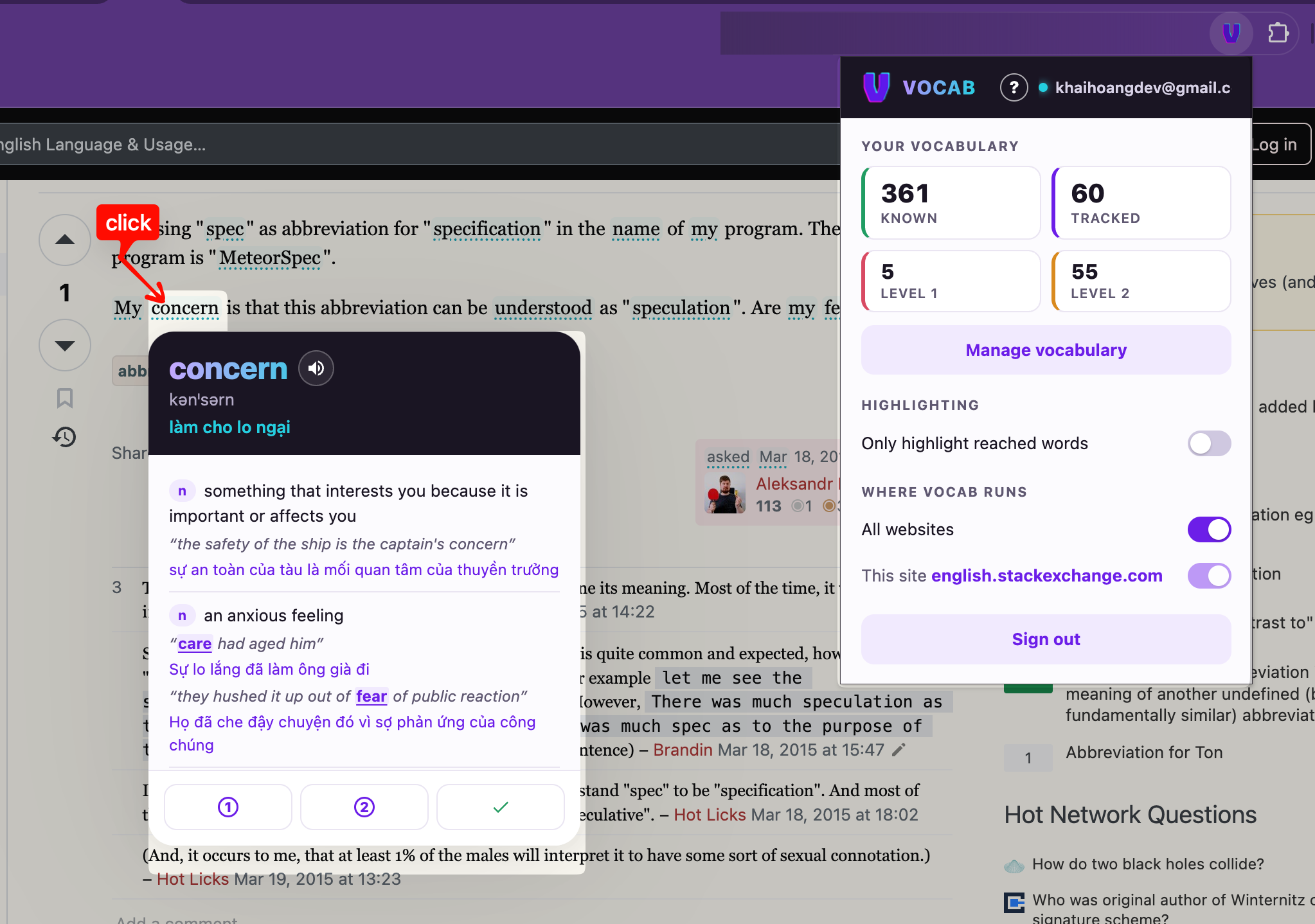 volab word card and popup shown on a web page